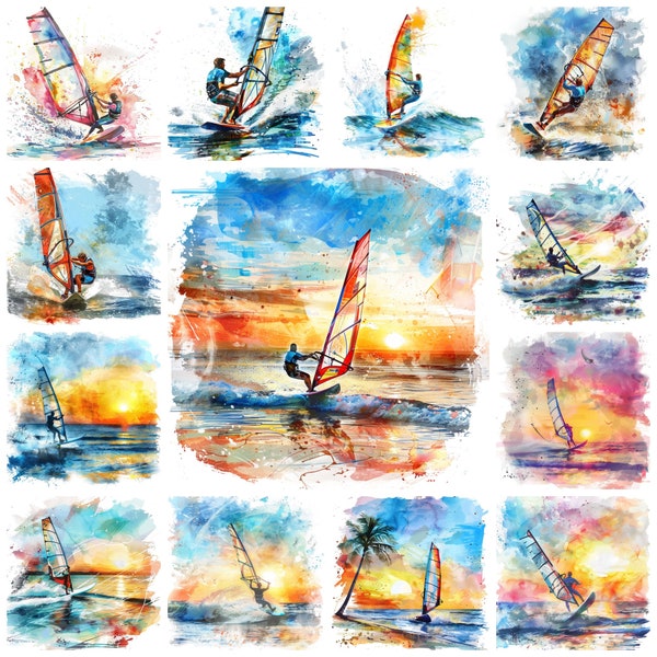 20 Wind Surfing PNG Clipart, Watercolor Windsurfer Scenery Ocean Sport Landscape Illustration, Windsurf Sail Image, Transparent Digital Gift