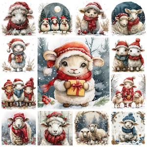 Clipart PNG di pecore di Natale, acquerello 45 illustrazione di pecore festive, immagini di pecore di Natale, immagini di regali digitali di pecore di Babbo Natale, uso commerciale