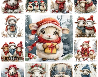 Watercolor Christmas Sheep Clipart, Festive Holiday PNG (Commercial Use)