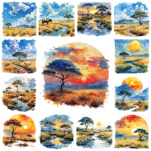 24 Africa Savanna PNG Landscape Clipart, Watercolor African Grasslands Scenery, Africa Safari Savanna Plain, African Terrain, Commercial Use