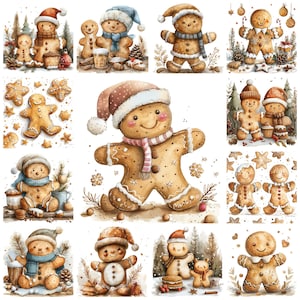 May include: A collection of watercolour illustrations featuring gingerbread people in various poses and settings. Some gingerbread people are decorated with icing and sprinkles, while others are holding objects like candy canes and presents. The illustrations are set against a background of wintery scenes, including snow-covered trees and houses.
