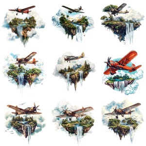 Puede incluir: Nueve ilustraciones digitales de aviones vintage volando sobre islas verdes exuberantes con cascadas. Cada isla está rodeada de nubes y tiene una cascada que cae por el lado.