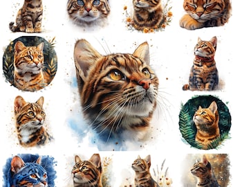 32 Bengal Cat PNG Clipart Bundle, Watercolor Spotted Bengal Cat Breed Sublimation, Wild-Looking Cat Images, Exotic Bengal, Commercial Use