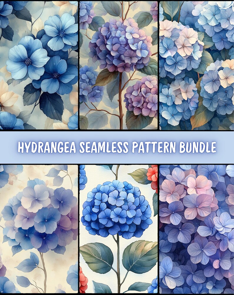 Green Hydrangea Pattern Hydrangea Flower Seamless Pattern PNG Bundle, Watercolor Floral ...