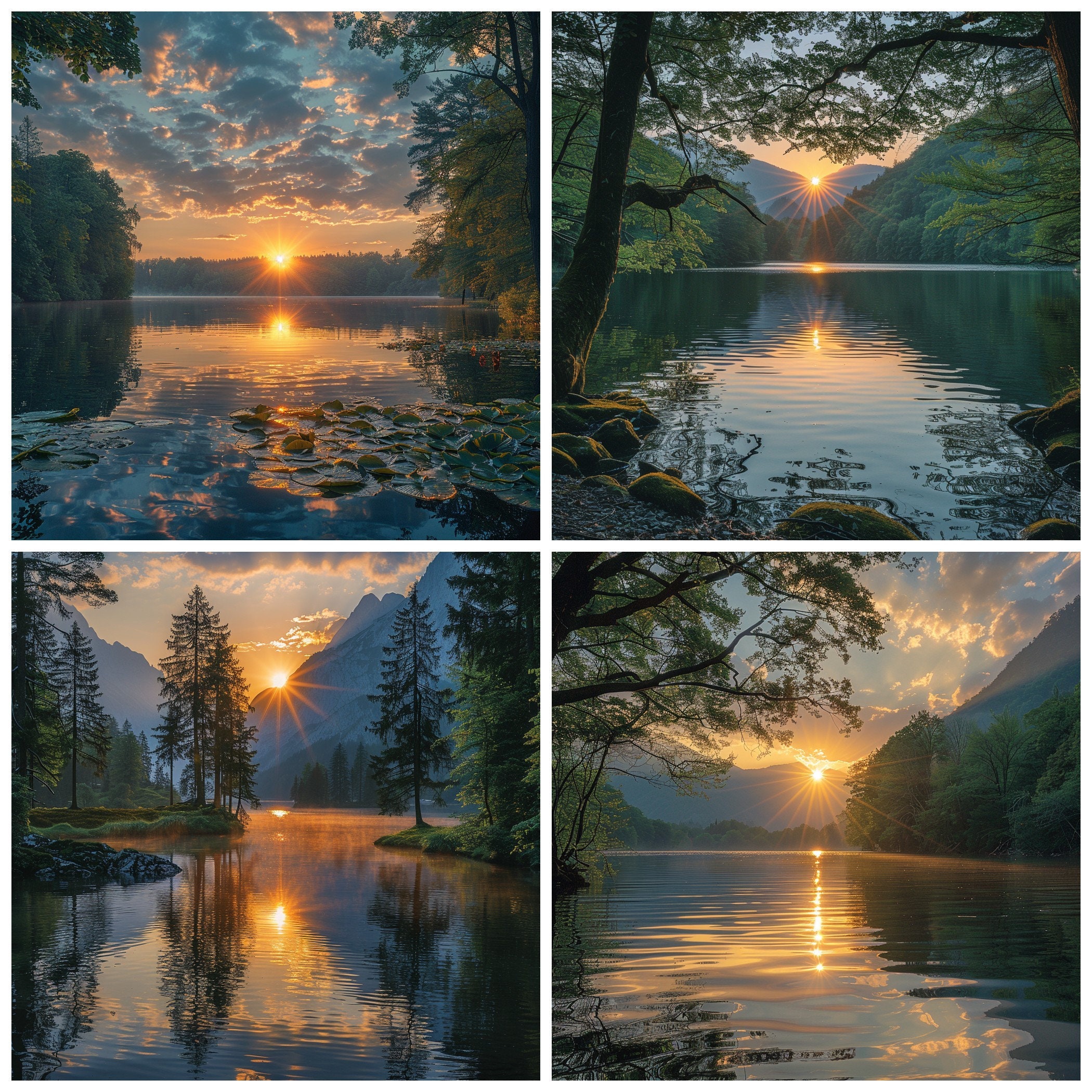30 Beautiful Sunrise Over the Lake Surrounded by Green Trees PNG ...