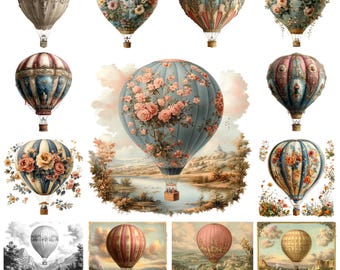 Victorian Hot Air Balloon PNG Clipart Bundle, Floral Landscape (Commercial Use)
