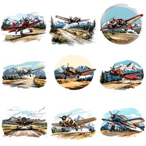 Retro vliegtuig dat opstijgt vanaf de vuilbaan in de bergen PNG-clipartbundel, aquarel luchtlandschapsillustratie, commercieel gebruik