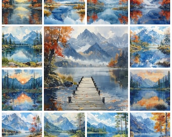 Watercolor Lake View PNG Clipart, 21 Scenic Mountain Lake Landscape Images, Serene Lake Scenery, Lakefront Serenity Pictures, Commercial Use