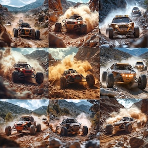 Puede incluir: Un collage de nueve imágenes que muestran vehículos todoterreno conduciendo por caminos polvorientos. Los vehículos son todos rojos y negros, con neumáticos grandes y jaulas antivuelco. Las imágenes se toman desde diferentes ángulos, mostrando los vehículos en acción.