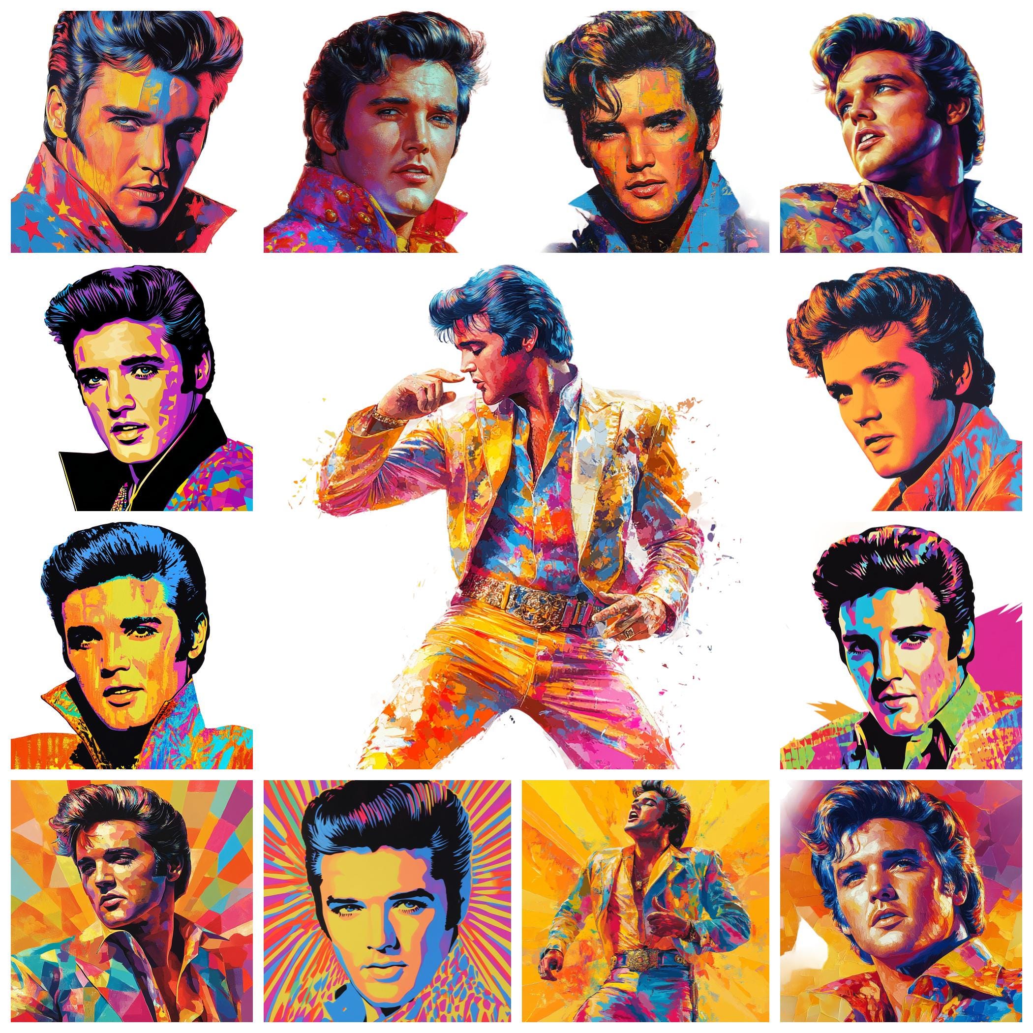 Elvis Presley Pop Art PNG Clipart Bundle, Colorful Illustrations
