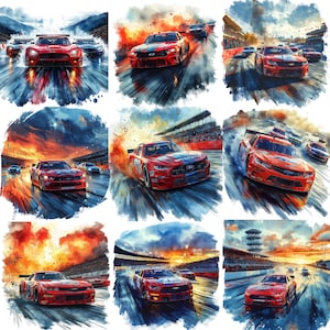 NASCAR Oval Thrill PNG Clipart Bundle, Watercolor Nascar Dynamic Pose Photography, Race Car Wall Art, High-Speed Decor, Commercial Use