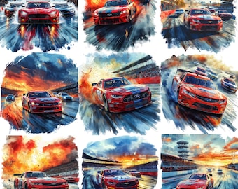 Paquete de imágenes prediseñadas PNG de emoción ovalada de NASCAR, fotografía de pose dinámica de acuarela de NASCAR, arte mural de autos de carrera, decoración de alta velocidad, uso comercial