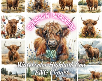38 Highland Cow PNG Clipart, Watercolor Scottish Highland Cow Scenery Image, Highland Cow Breed Cattle Farming Digital Craft, Commercial Use