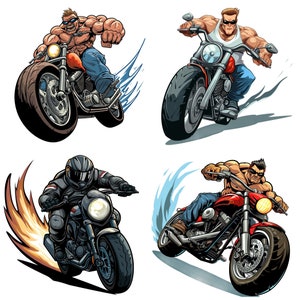 May include: Four illustrations of people riding motorcycles. The first motorcycle is red and black with a man wearing a white tank top. The second motorcycle is black with a man wearing a black leather jacket. The third motorcycle is red with a man wearing a blue shirt. The fourth motorcycle is black with a man wearing a black leather jacket.