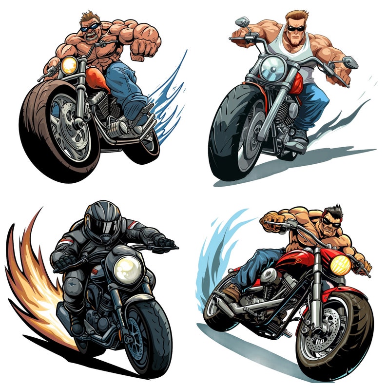 May include: Four illustrations of people riding motorcycles. The first motorcycle is red and black with a man wearing a white tank top. The second motorcycle is black with a man wearing a black leather jacket. The third motorcycle is red with a man wearing a blue shirt. The fourth motorcycle is black with a man wearing a black leather jacket.