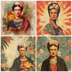 May include: A collage of four images featuring Frida Kahlo, a famous Mexican painter. Each image depicts Frida with a different background and floral elements. The images are in a vintage style with a faded, textured look.