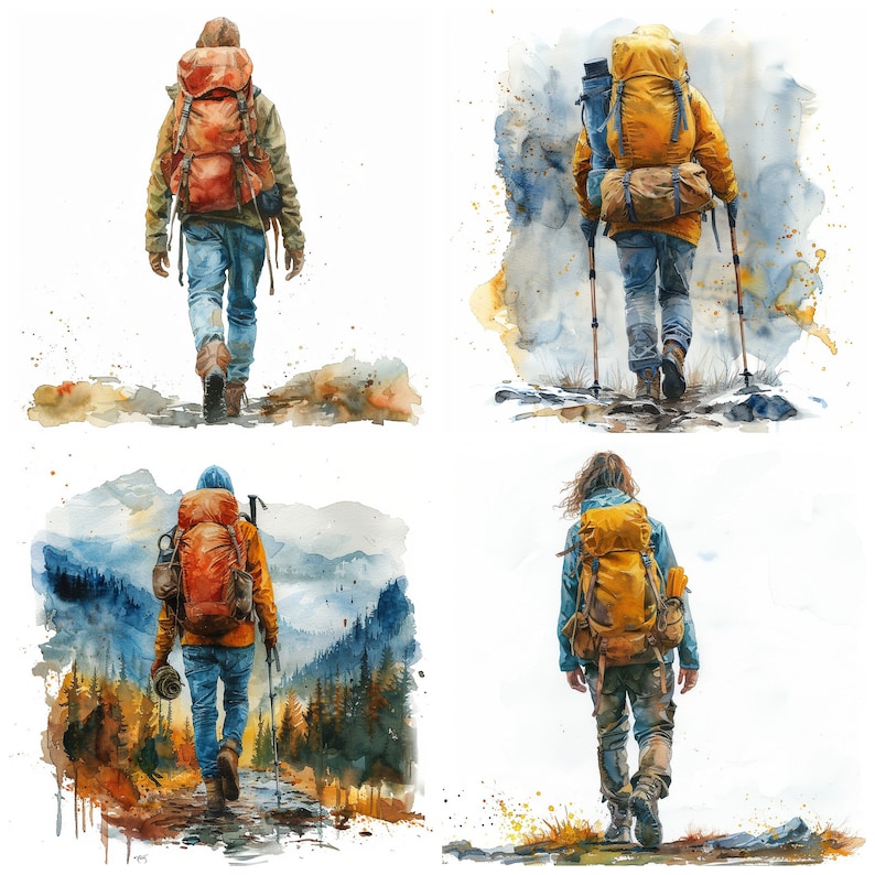 Peut inclure: Quatre illustrations &agrave; l'aquarelle de personnes faisant de la randonn&eacute;e dans la nature. Chaque personne porte un sac &agrave; dos et des b&acirc;tons de randonn&eacute;e. Les illustrations sont sur fond de montagnes, d'arbres et de nuages.