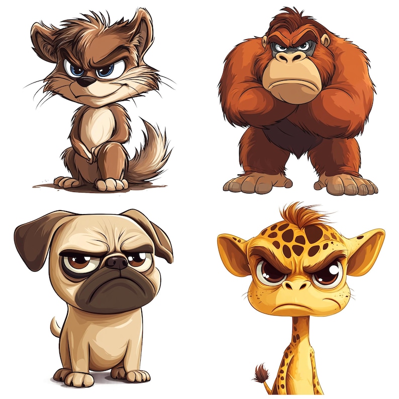 May include: A digital illustration of four cartoon animals with angry expressions. A brown cat, a brown gorilla, a beige pug, and a yellow and brown giraffe-like creature.