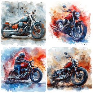 May include: Four watercolor paintings of motorcycles. The first motorcycle is blue and black with a brown leather seat. The second motorcycle is red with a black seat. The third motorcycle is red with a black seat and a rider wearing a helmet. The fourth motorcycle is black with a brown leather seat.