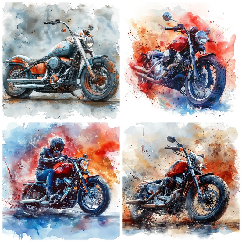 May include: Four watercolor paintings of motorcycles. The first motorcycle is blue and black with a brown leather seat. The second motorcycle is red with a black seat. The third motorcycle is red with a black seat and a rider wearing a helmet. The fourth motorcycle is black with a brown leather seat.
