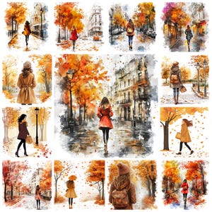 Bundle de cliparts PNG sur le thème de l'automne femme dans la rue, paysage de promenade aquarelle saison d'automne, automne dans le paysage de la ville, usage Commercial