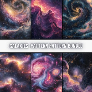 May include: A digital art bundle of six galaxy patterns featuring swirling nebulae in shades of purple, blue, and gold against a black background. The text "Galaxies Pattern Pattern Bundle" is displayed at the top of the image.