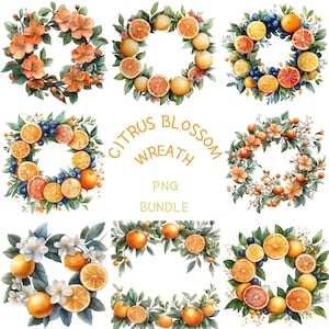 Könnte beinhalten: Ein Set aus neun Aquarell-Illustrationen von Orangenblütenkränzen. Jeder Kranz zeigt eine andere Kombination aus Orangen, Zitronen, Grapefruits und Blüten. Die Kränze sind perfekt, um Ihren Designs einen Hauch von Frühling zu verleihen.