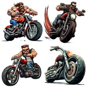 May include: Four illustrations of cartoon bikers riding motorcycles. The bikers are wearing leather jackets, jeans, and sunglasses. The motorcycles are black and chrome with red seats. The motorcycles have large front wheels and smaller rear wheels. One biker has a beard and is wearing a bandana. The motorcycles are on a white background.