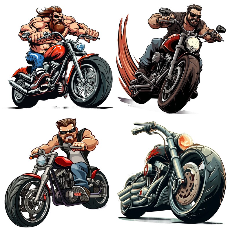 May include: Four illustrations of cartoon bikers riding motorcycles. The bikers are wearing leather jackets, jeans, and sunglasses. The motorcycles are black and chrome with red seats. The motorcycles have large front wheels and smaller rear wheels. One biker has a beard and is wearing a bandana. The motorcycles are on a white background.