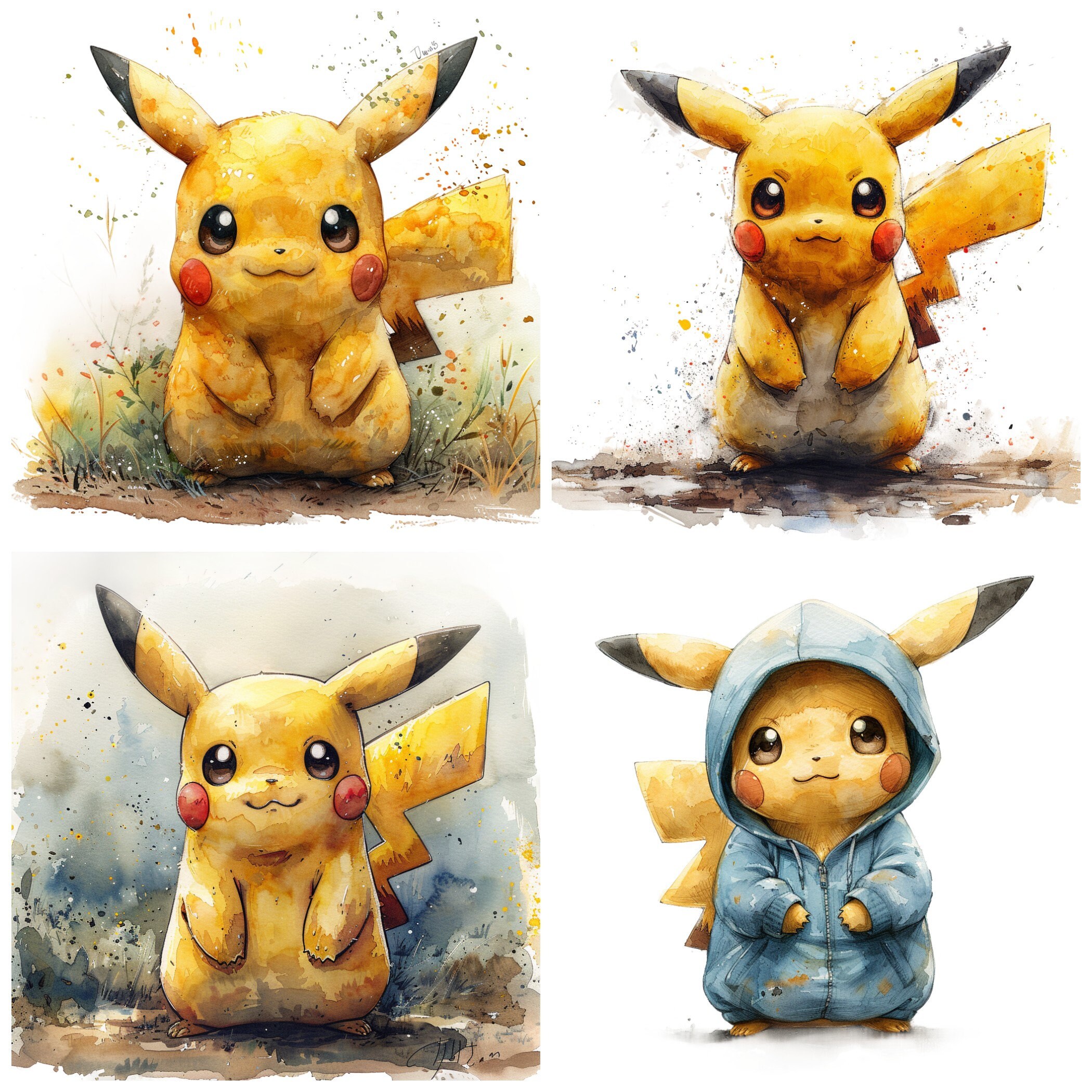 水彩画風ピカチュウPNGクリップアート40点、ポケモンイラスト