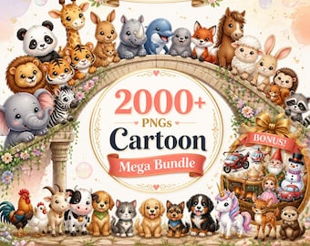 Cartoon Animal Clipart Bundle, 2000+ PNG Designs, 39+ Cute Pet & Wildlife Graphics + 15 Bonus, Cricut POD