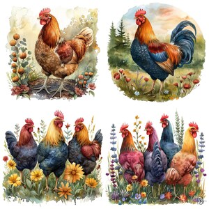 May include: A watercolor painting of roosters. The painting features four roosters in different poses and colors. The roosters are surrounded by flowers and greenery. The painting is set against a white background.