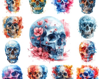 Puede incluir: Una colección de 12 ilustraciones de cráneos en acuarela. Cada cráneo está pintado en una combinación de colores diferente, incluyendo azul, rojo, rosa y amarillo. Los cráneos están rodeados de salpicaduras de acuarela y flores.