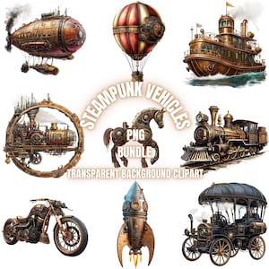 Steampunk Vehicles PNG Clipart Bundle, Watercolor Victorian Car Mechanical Style Illustration, Vintage Machinery Art Pack, Commercial Use