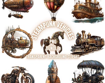 スチームパンクな乗り物、50個のPNGクリップアート、水彩画のスチーム