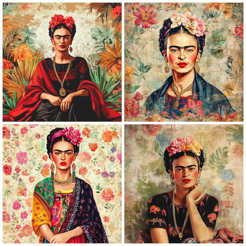 May include: Four digital art prints of Frida Kahlo, each with a different floral background and a different style of clothing. The prints are in a collage format.