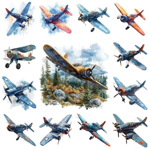 36 Vintage Plane PNG Clipart Bundle, Watercolor WW2 Airplanes Illustration, Retro Fighter Plane Images, Aircraft Card Making, Commercial Use