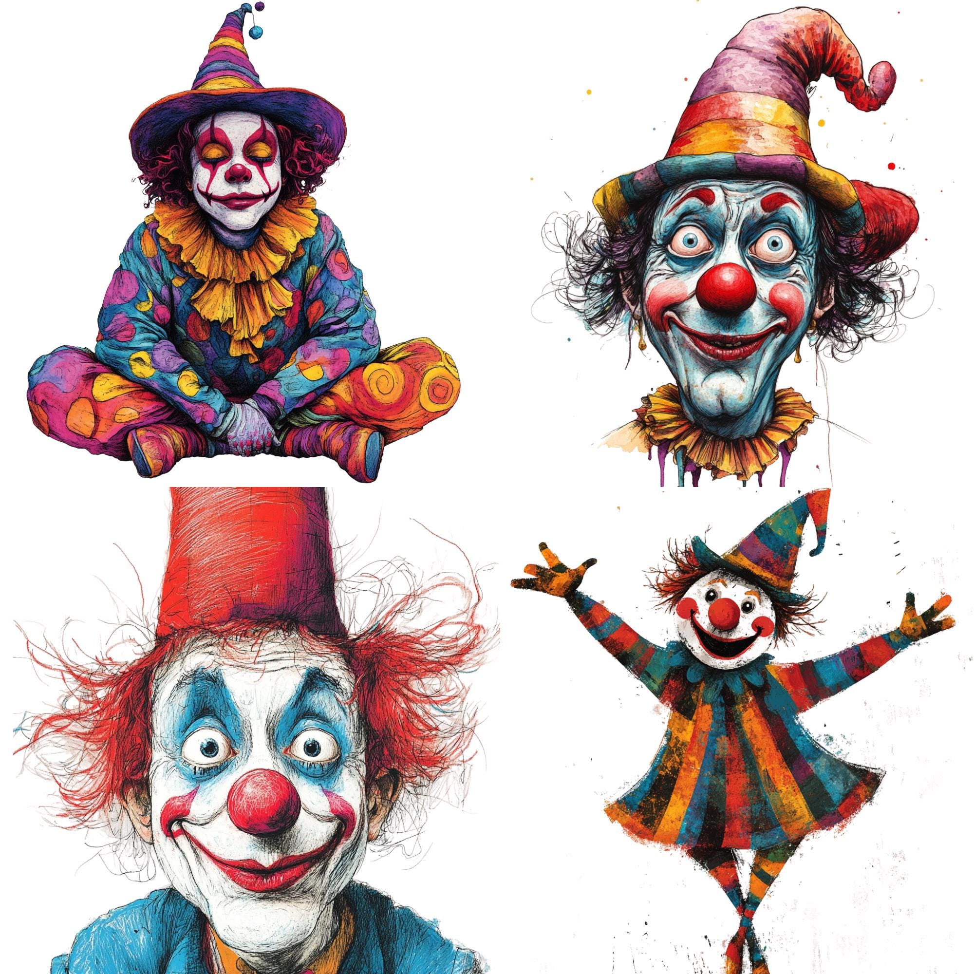 Watercolor Quirky Clown PNG Clipart Bundle, Commercial Use (digital ...