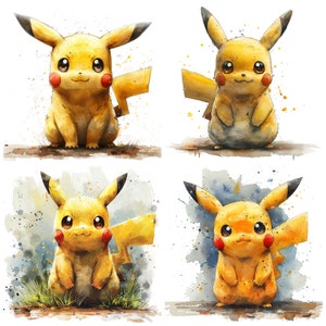 May include: Four watercolor paintings of Pikachu, a popular Pokemon character. Each painting features Pikachu in a different pose, with a yellow body, red cheeks, and a black lightning bolt tail.