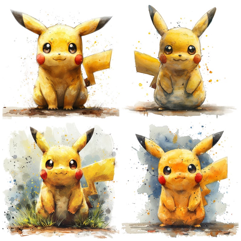 May include: Four watercolor paintings of Pikachu, a popular Pokemon character. Each painting features Pikachu in a different pose, with a yellow body, red cheeks, and a black lightning bolt tail.
