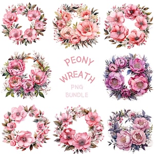 Peony Wreath PNG Clipart Bundle, Watercolor Floral Garland Art Sublimation, Printable Flower Flame Card Making, Commercial Use