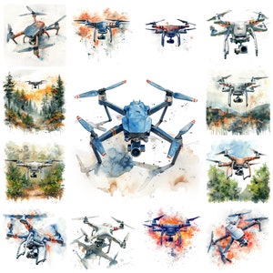 Può includere: Un dipinto ad acquerello di 10 droni diversi, ognuno con un design e una combinazione di colori unici. I droni sono raffigurati in varie pose, alcuni in volo, altri in hovering e altri in atterraggio. Il dipinto è realizzato in uno stile realistico, con attenzione ai dettagli nelle caratteristiche dei droni e nell'ambiente circostante.