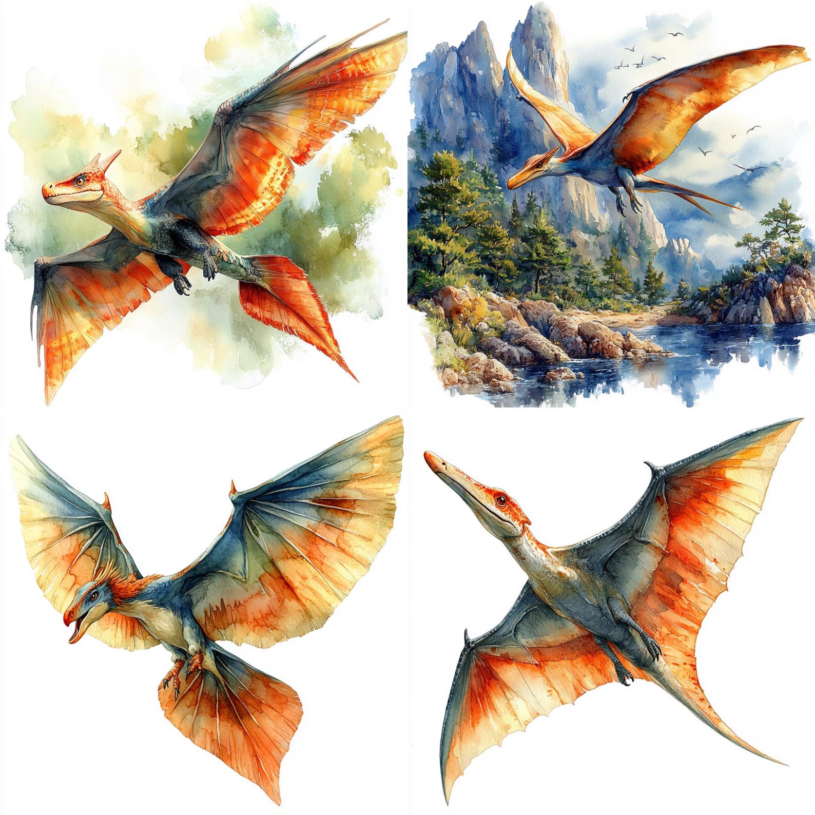 50 Pterodactyl Dinosaurs PNG Clipart Bundle, Watercolor Jurassic Park ...