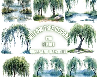 Pacote de clipart PNG de árvore de salgueiro, ilustração de árvore de salgueiro em aquarela, sublimação de fundo transparente de paisagem de árvore de salgueiro, uso comercial