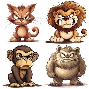 May include: Four cartoon animals with angry expressions. A brown cat, a brown lion, a brown monkey, and a brown bear.