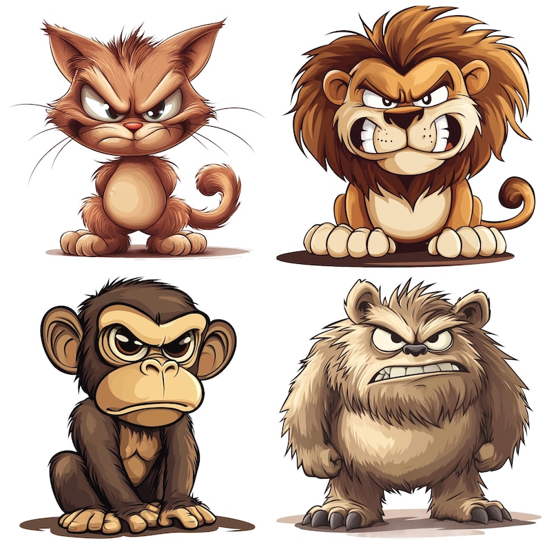 May include: Four cartoon animals with angry expressions. A brown cat, a brown lion, a brown monkey, and a brown bear.