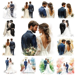 Lot de 42 cliparts PNG pour le dos des mariés, Illustration aquarelle de couple de mariage romantique, Images de portrait de mariage, usage Commercial