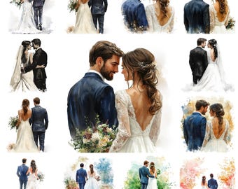 Watercolor Wedding Couple Clipart Bundle (PNG, Commercial Use)