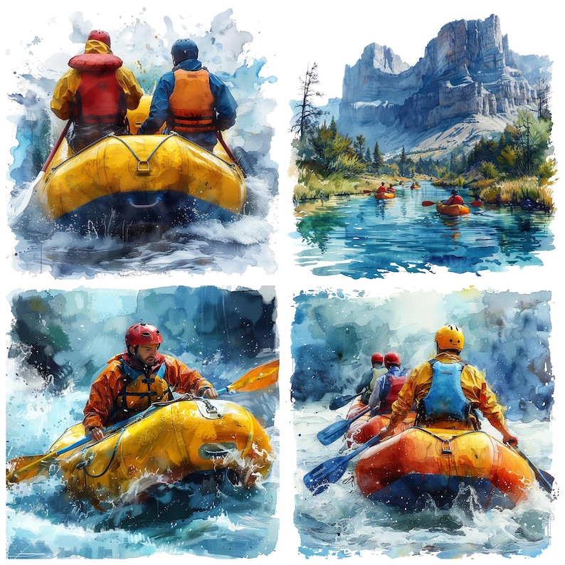 Colorful Rafting Water Watercolor River Rafting Clipart, Extreme Sport Illustrations (PNG) - Etsy