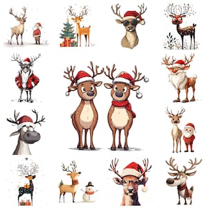 Bundle de 38 cliparts rennes décalés PNG, Illustration de renne lunatique dessin animé Noël aquarelle, Image de cerf drôle festive à usage Commercial